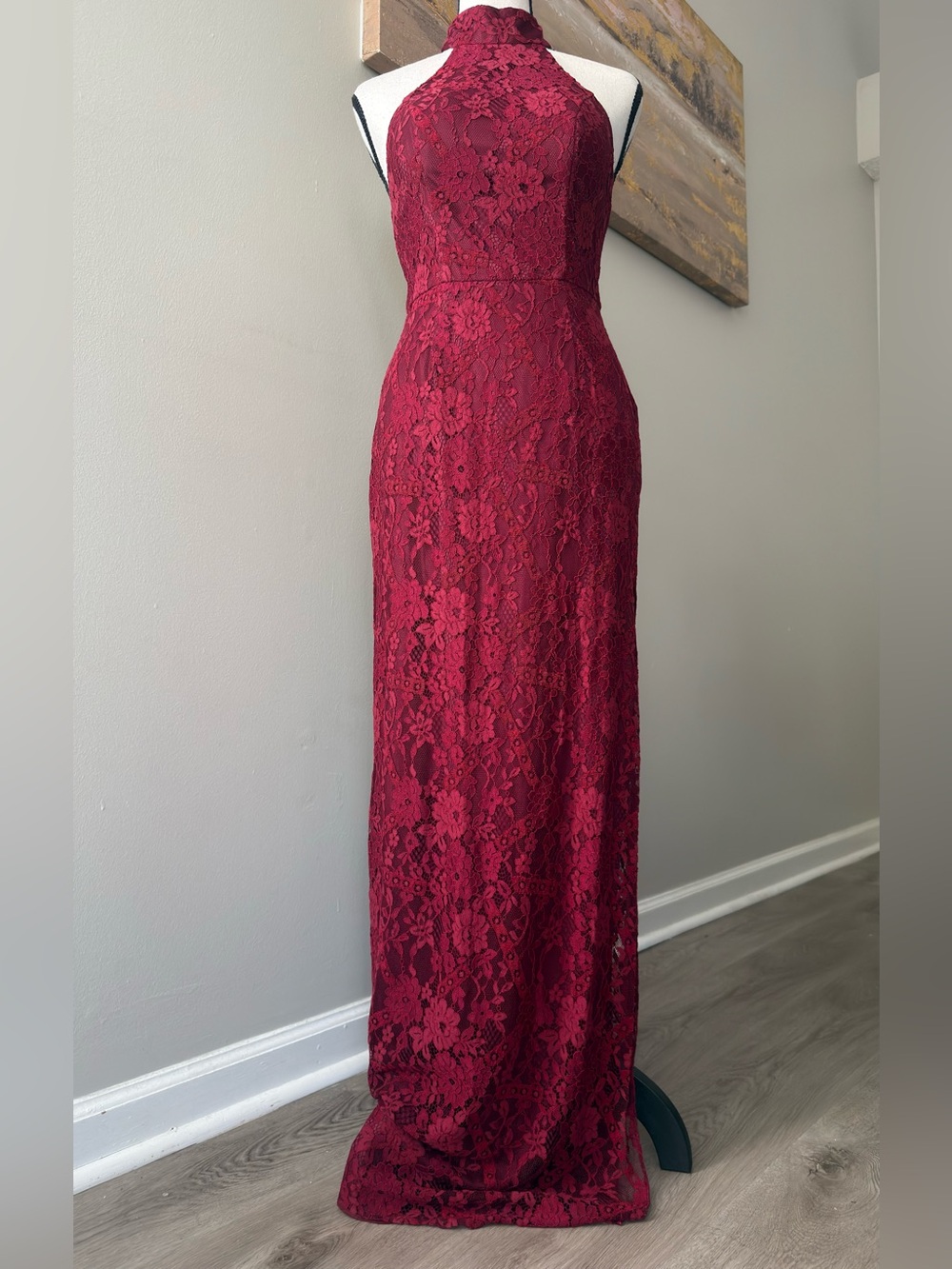 DB Studio Wine Allover Lace Halter Gown with Slit Size 4 - Picture 14 of 14